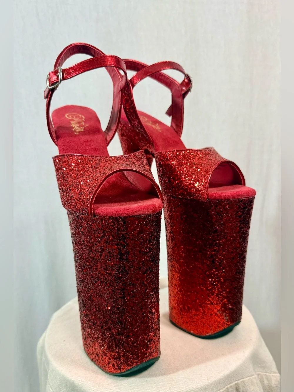 Pleaser 10” BEYOND Size 8 Red Glitter Platform dance heels with Ankle Strap